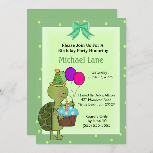 Turtle Birthday Invitation Kaart (Voorkant / Achterkant)