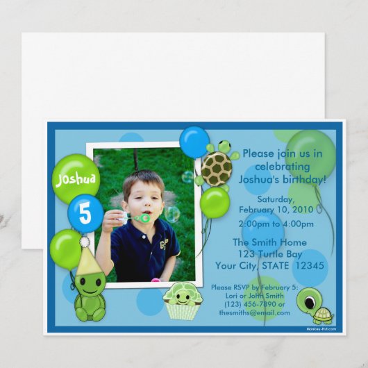 Turtle Birthday Invitation SCHATTIG Kaart (Voorkant / Achterkant)