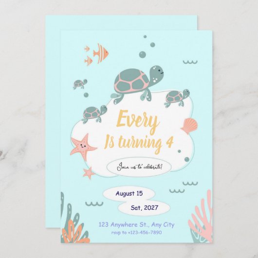 Turtle Birthday invitation under the sea invite Kaart (Voorkant / Achterkant)