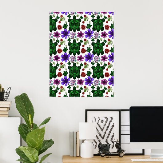 Turtle bloemenpatroon  poster (Thuiskantoor)