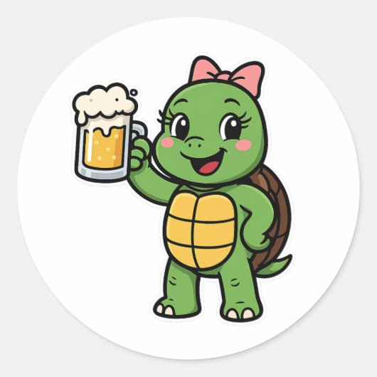 Turtle drinking beer ronde sticker (Voorkant)