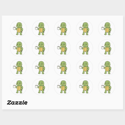 Turtle drinking coffee ronde sticker (Vel)