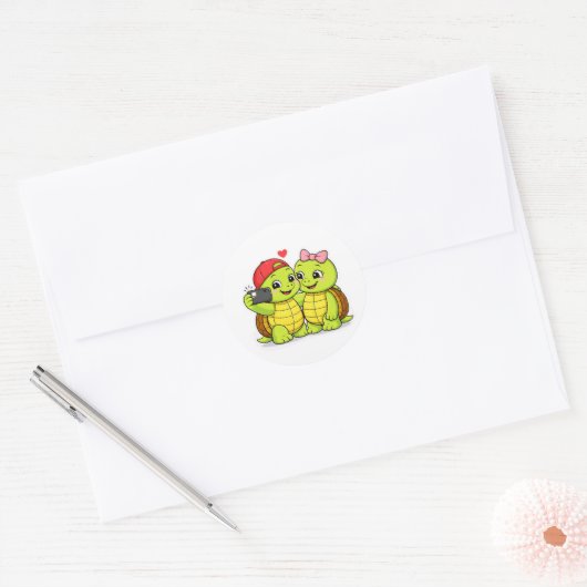 Turtle duo selfie fun ronde sticker (Envelop)