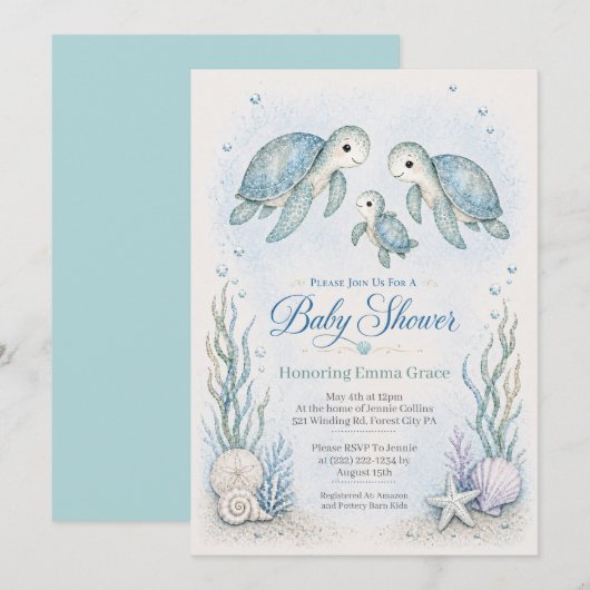 Turtle Family Baby Shower Uitnodiging  (Voorkant / Achterkant)