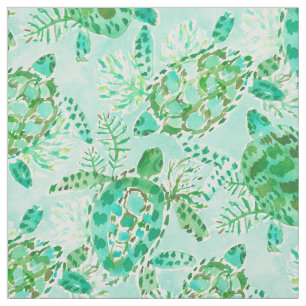 TURTLE FLOAT Green Aqua Waterverf Stof