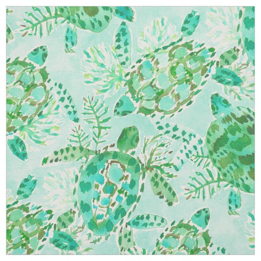 TURTLE FLOAT Green Aqua Waterverf Stof (Swatch)