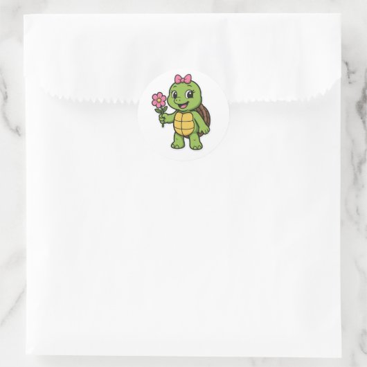 Turtle holding a flower ronde sticker (Tas)
