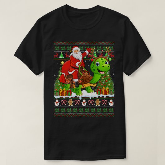 Turtle Lover Funny Ugly Santa Riding Turtle T-shirt (Design voorkant)