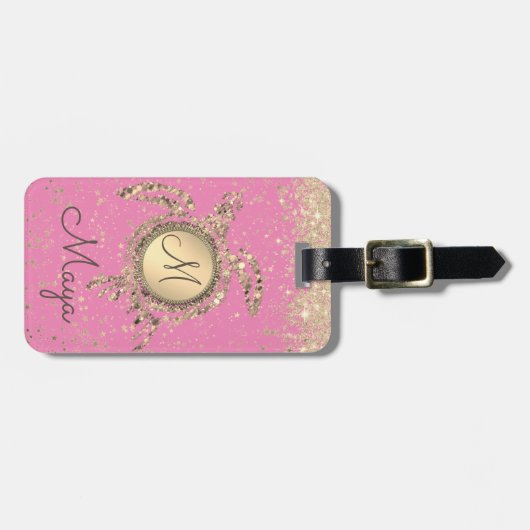Turtle Monogram Stars op Roze Bagagelabel (Voorkant horizontaal)