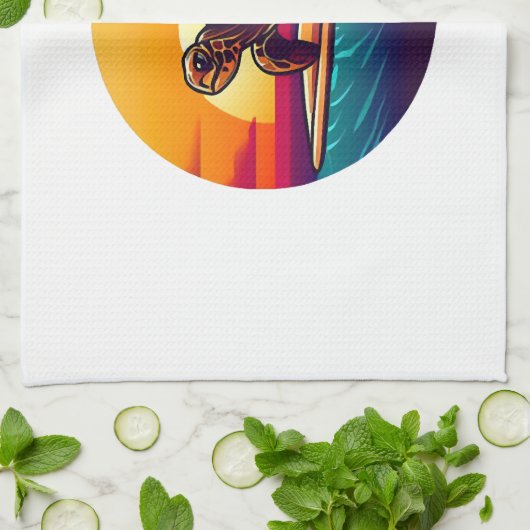 Turtle on Surfboard Sunset Theedoek (Gevouwen)