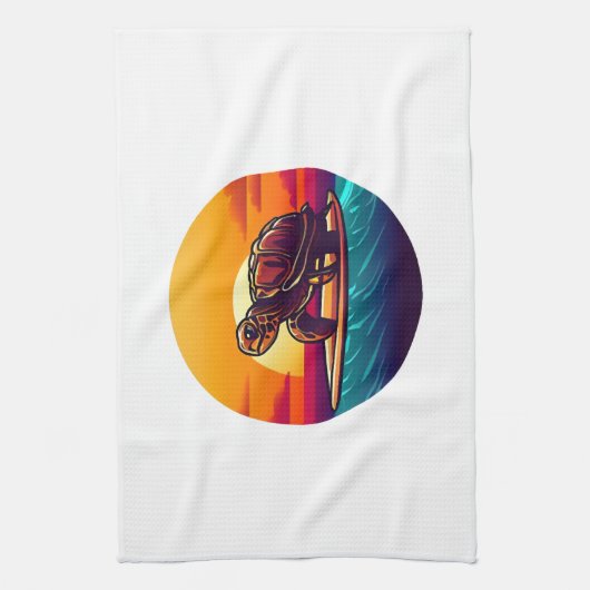 Turtle on Surfboard Sunset Theedoek (Verticaal)