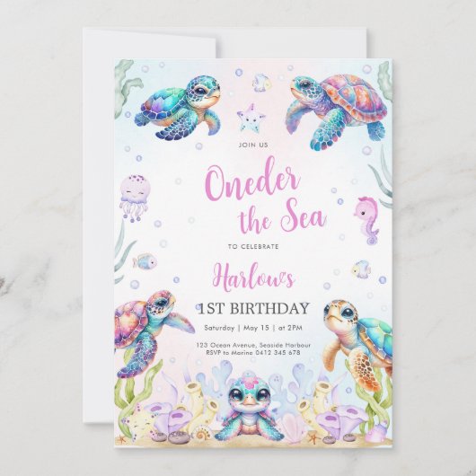 Turtle Oneder The Sea 1st Birthday Invitation Kaart (Voorkant)