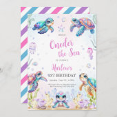 Turtle Oneder The Sea 1st Birthday Invitation Kaart (Voorkant / Achterkant)