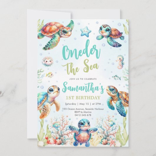 Turtle Oneder The Sea 1st Birthday Invitation Kaart (Voorkant)