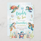Turtle Oneder The Sea 1st Birthday Invitation Kaart (Voorkant / Achterkant)