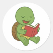Turtle reading book ronde sticker (Voorkant)