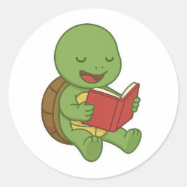 Turtle reading book ronde sticker