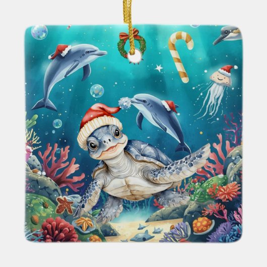 Turtle Santa Hat Under the Sea Christmas Party  Keramisch Ornament (Voorkant)