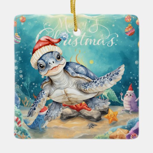 Turtle Santa Hat Under the Sea Christmas Party  Keramisch Ornament (Voorkant)