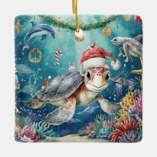 Turtle Santa Hat Under the Sea Christmas Party  Keramisch Ornament (Voorkant)