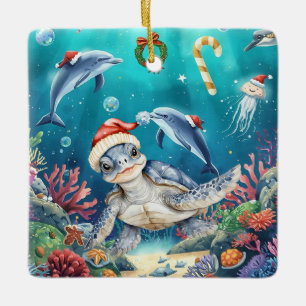 Turtle Santa Hoed Onderzee Kerstfeest Keramisch Ornament