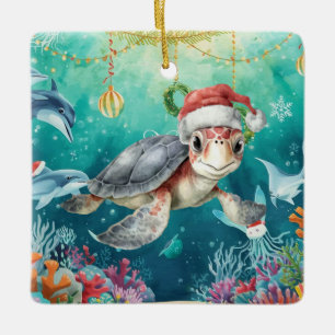 Turtle Santa Hoed Onderzee Kerstfeest Keramisch Ornament