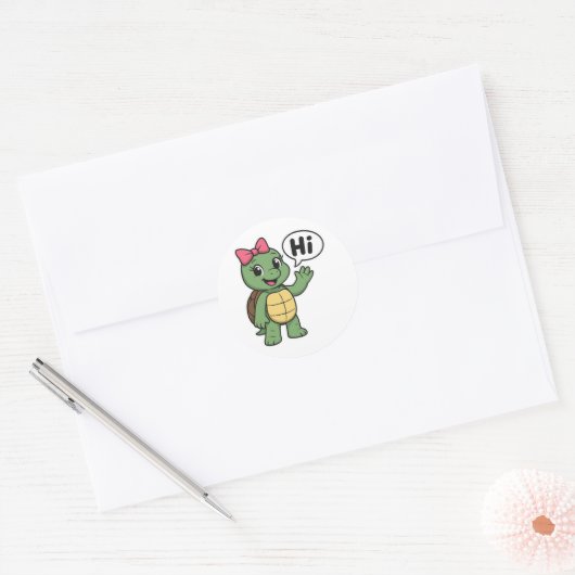 Turtle saying Hi Ronde Sticker (Envelop)