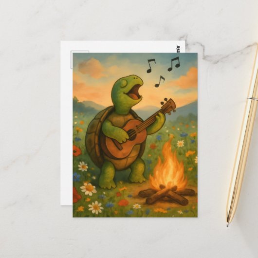 Turtle Singing at a Campfire Briefkaart (Voorkant / Achterkant in situ)