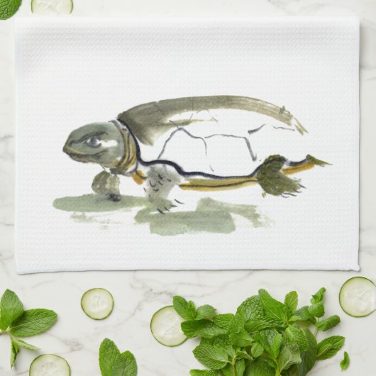 Turtle, traditioneel Sumi-e in kleur Theedoek (Gevouwen)