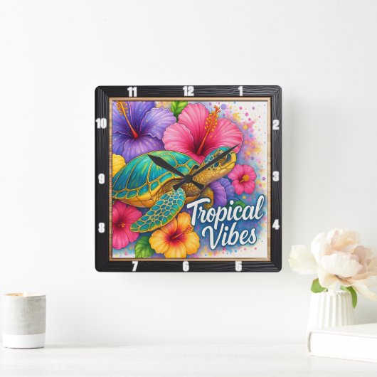 Turtle Tropical Vibes Art Vierkante Klok (Huis)