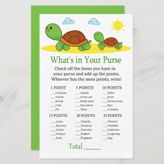 Turtle What's in your purse game baby shower (Voorkant / Achterkant)