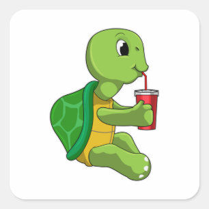 Turtle with Drinking mug with Straw Vierkante Sticker