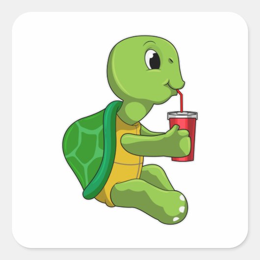 Turtle with Drinking mug with Straw Vierkante Sticker (Voorkant)