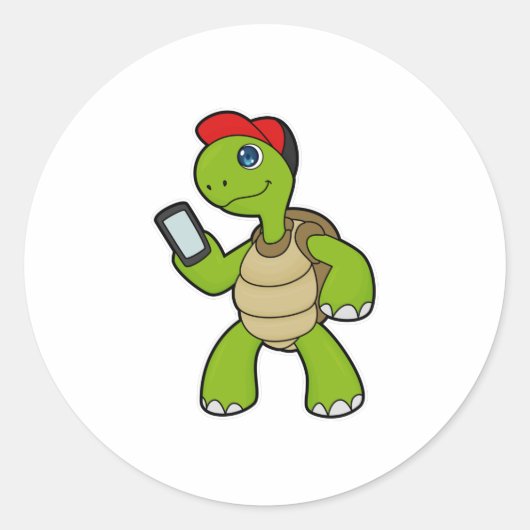 Turtle with Phone & Hat Ronde Sticker (Voorkant)
