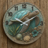 Turtle wood sea decor rustic coastal marine life grote klok