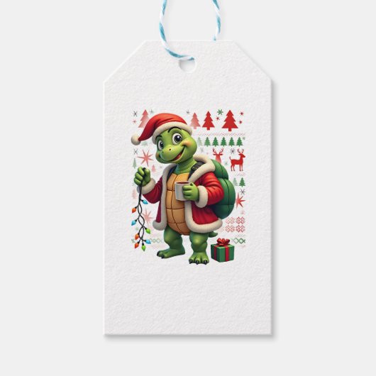 Turtle Xmas Lights Ugly Santa Turtle Christmas Tan Cadeaulabel (Voorkant)