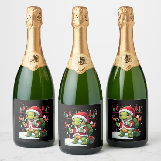 Turtle Xmas Lights Ugly Santa Turtle Christmas Tan Sparkling Wijnetiket (Flessen)