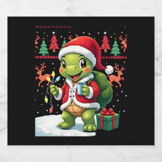 Turtle Xmas Lights Ugly Santa Turtle Christmas Tan Sparkling Wijnetiket (Enkel label)