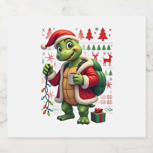 Turtle Xmas Lights Ugly Santa Turtle Christmas Tan Sparkling Wijnetiket (Enkel label)