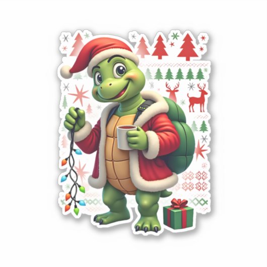 Turtle Xmas Lights Ugly Santa Turtle Christmas Tan Sticker (Voorkant)