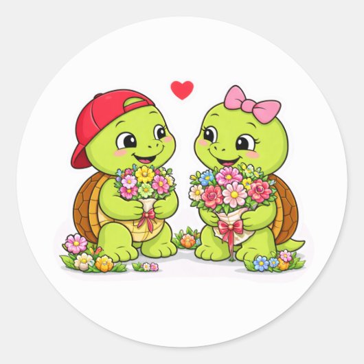Turtles and flowers in sweet harmony ronde sticker (Voorkant)