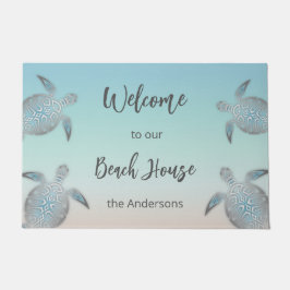 Turtles Beach House Family Monogram Turquoise Deurmat