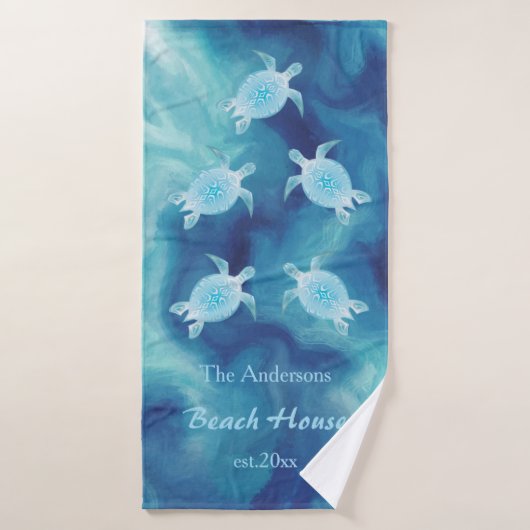 Turtles Blue Waterverf Familienaam Coastal Badhanddoek (Badhanddoek)
