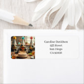 Turtles celebrating birthday with cake and hats etiket (Insitu)