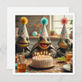 Turtles celebrating birthday with cake and hats kaart (Voorkant / Achterkant)