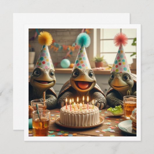 Turtles celebrating birthday with cake and hats kaart (Voorkant / Achterkant)