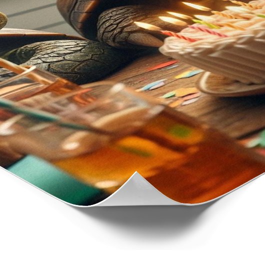 Turtles celebrating birthday with cake and hats poster (Hoek)