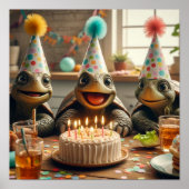 Turtles celebrating birthday with cake and hats poster (Voorkant)