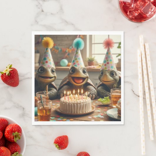 Turtles celebrating birthday with cake and hats  servet (Insitu)