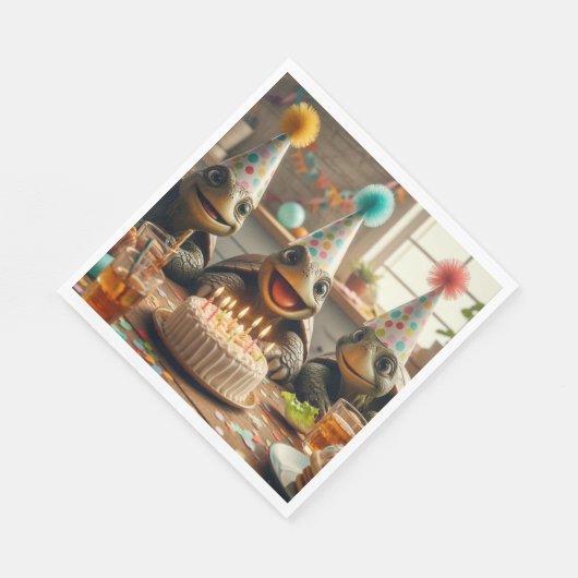 Turtles celebrating birthday with cake and hats  servet (Hoek)